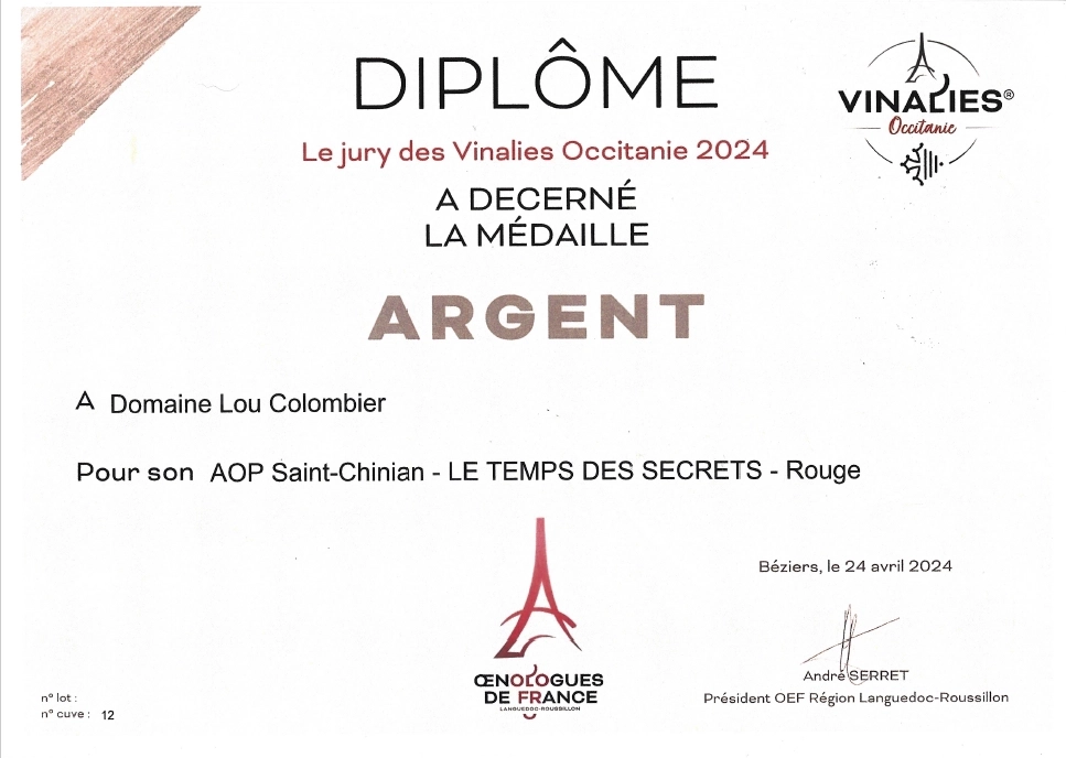 Notre AOP Saint-Chinian médaillé d'argent aux Vinalies d'Occitanie
